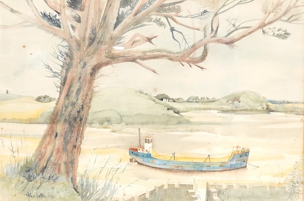John Skelton (1925-2009), Harbour view with beached vessel, signed and dated 1980, watercolour, 37 x 55cm, Provenance: from the artist's family